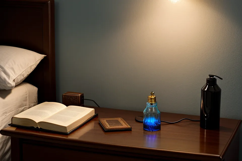 Sleep supplements and blue light glasses on a nightstand representing a bedtime routine