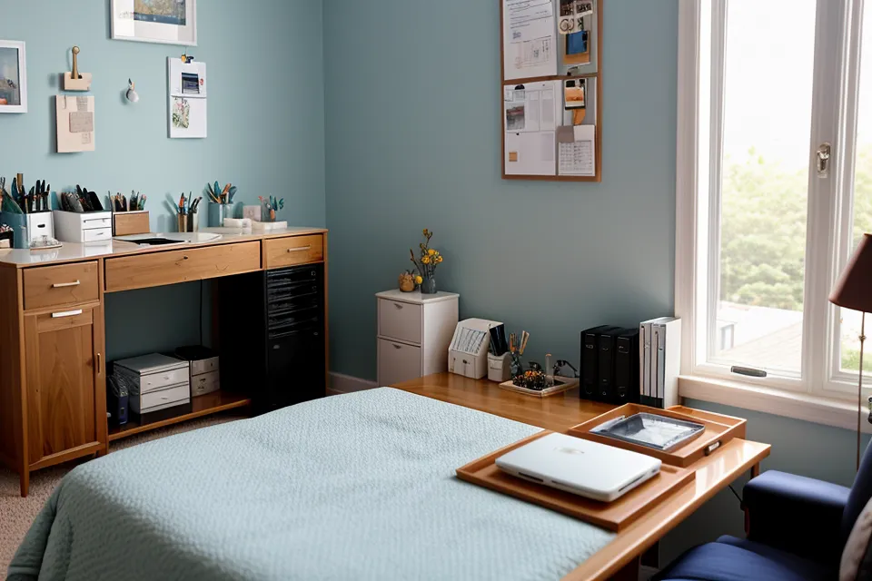 Close-up of sleep supplements and blue-light glasses on a professional's nightstand.