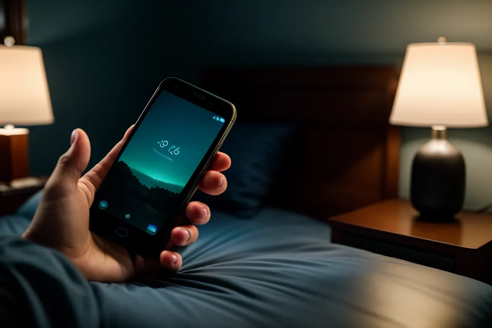 Close-up of a hand reaching for a phone next to melatonin on a nightstand.