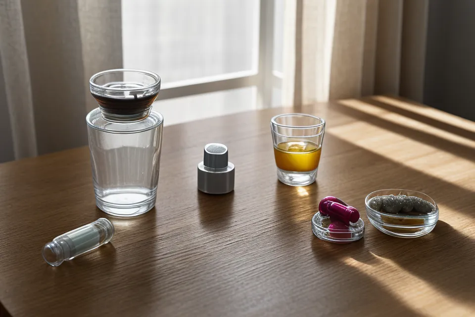Two SleepLean capsules and a glass of water in soft morning sunlight.