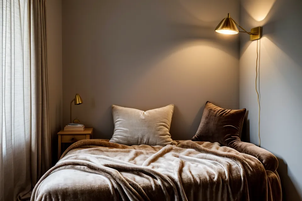 Peaceful bedroom environment with blackout curtains for better sleep.