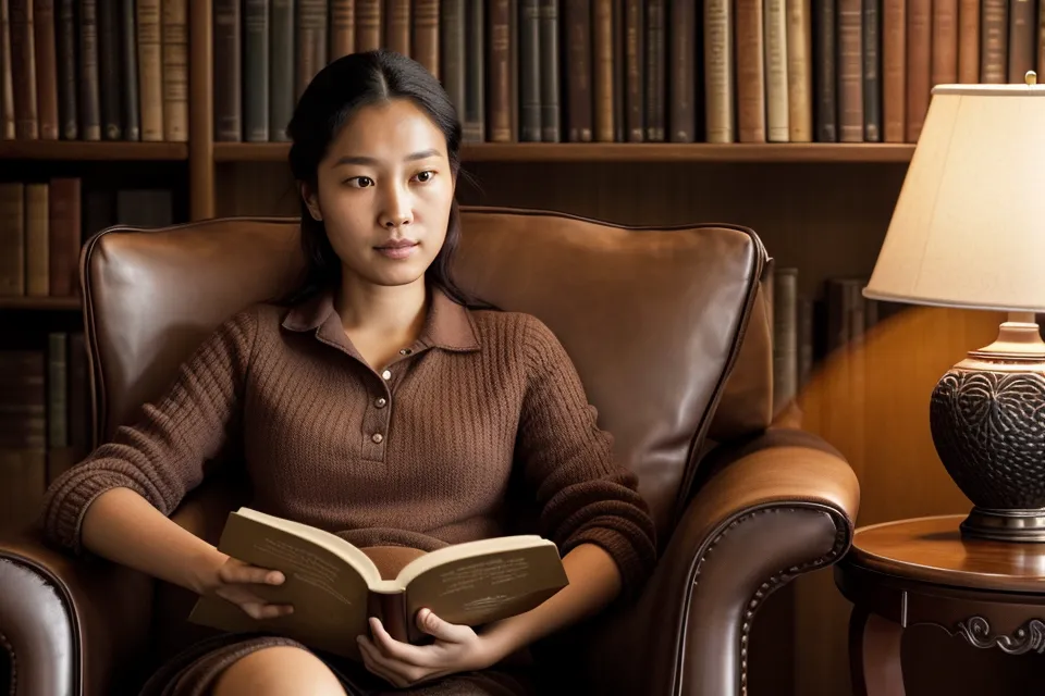 A professional reading a book under a warm amber lamp in the evening.