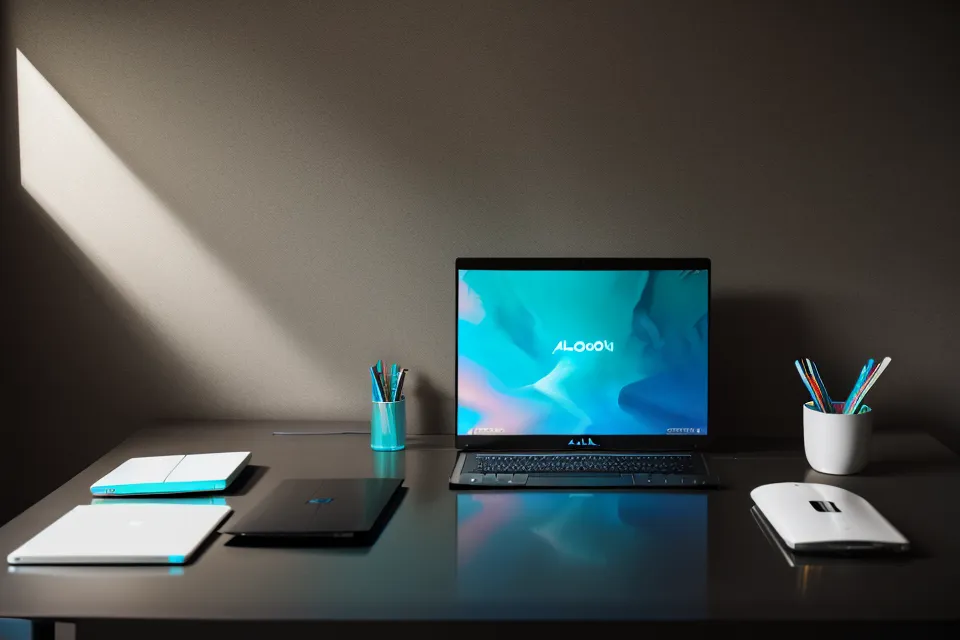 A blue glowing laptop screen contrasting with warm amber ambient room lighting.