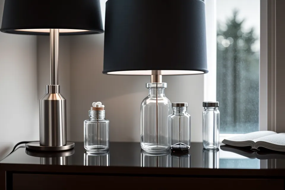Close-up of sleep supplement bottle on a nightstand with reading glasses.
