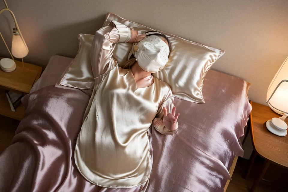 Hand reaching for a sleep mask during a professional's evening routine.
